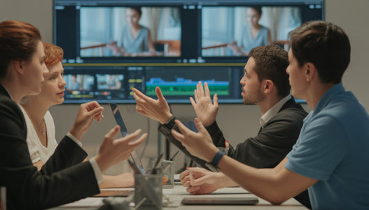 people discussing video montage scene