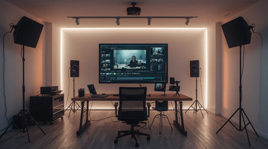 video montage work space, work table with a lot of light and bid screen