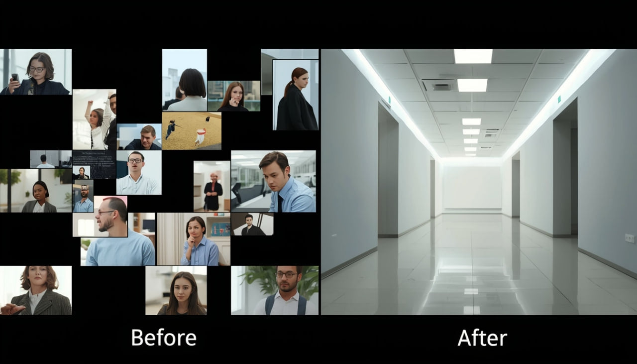 Before and after comparison of a video conference setup in a modern office hallway.