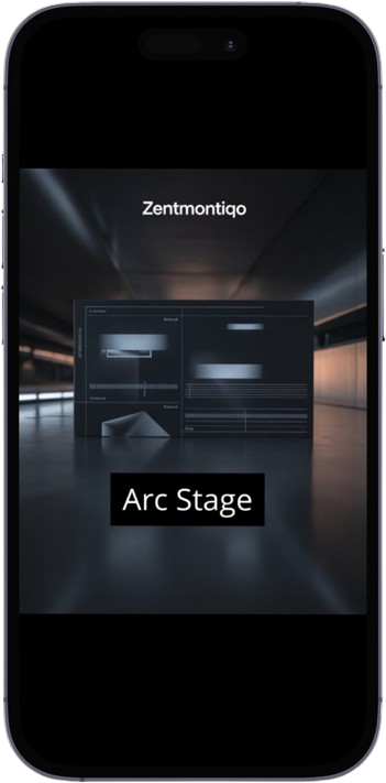 Phone screen displaying Zentmontiqo Arc Stage with a dark background