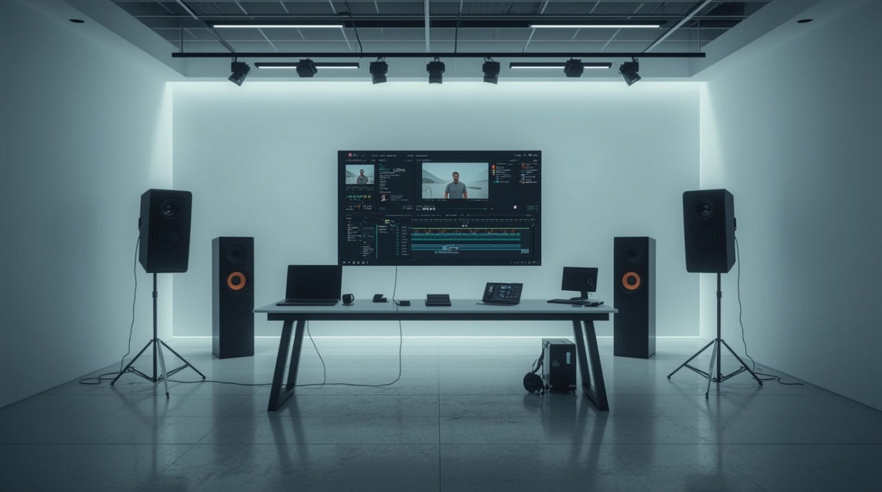 Modern home office setup with a large TV, speakers, and desk in a minimalistic room.