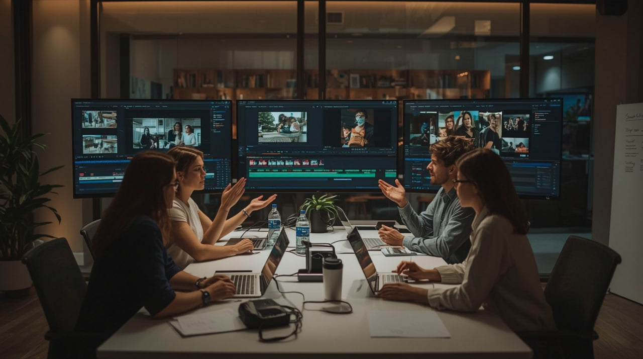 Group of people working in a control room with multiple monitors displaying video feeds.