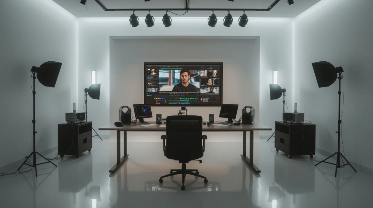 Modern office setup with a large screen displaying multiple people, surrounded by professional lighting equipment.