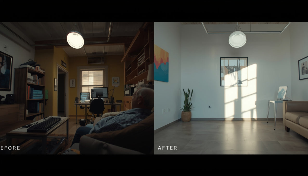 Before and after comparison of a home office setup with a person sitting at a desk.