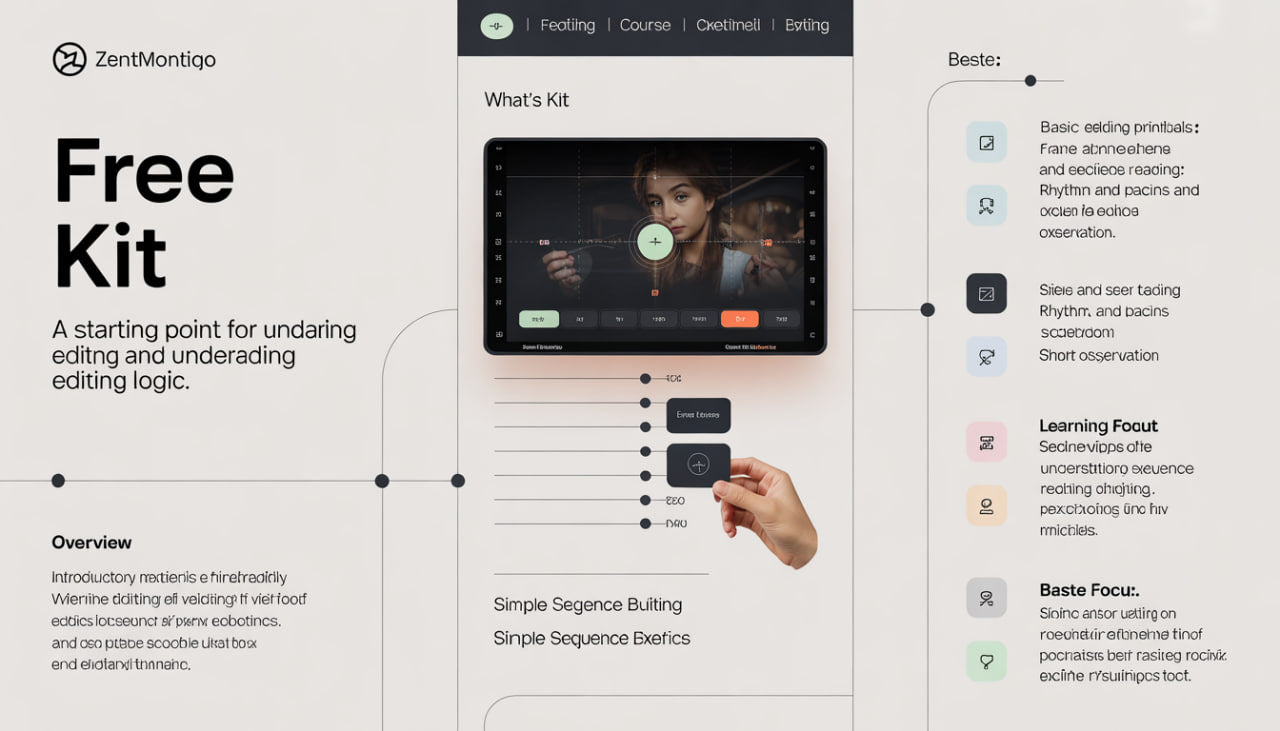 ZentMontigo free kit for video editing with interface and text on a white background