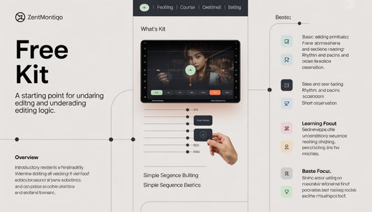 ZentMontigo free kit for video editing with interface and text on a white background