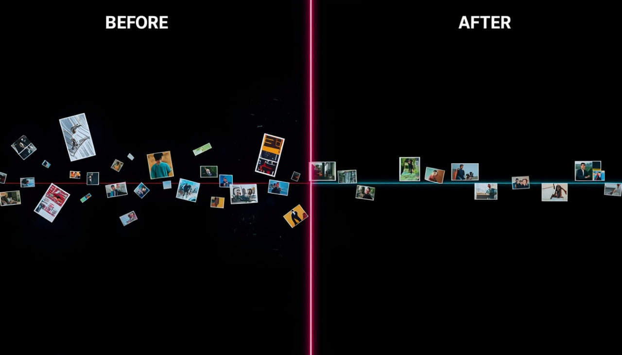 Before and after comparison of a collage layout on a black background with 'Before' and 'After' labels.