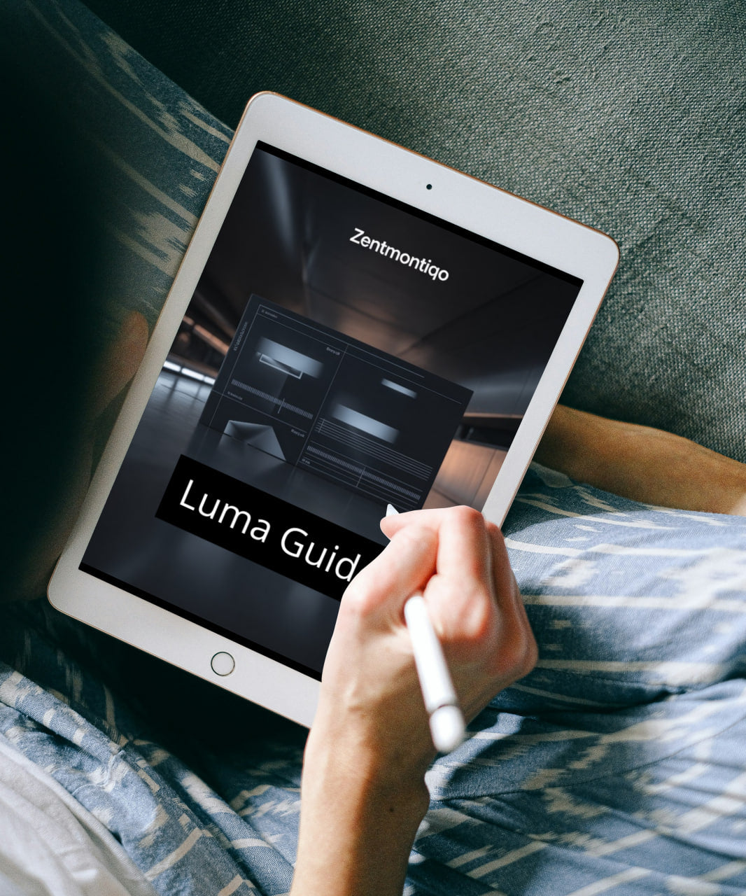 Person holding a tablet displaying Zentmontiqo Luma Guid on a patterned surface.
