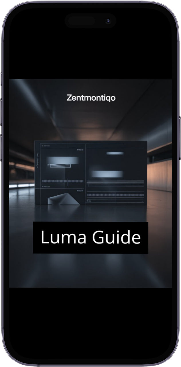 Phone displaying Zentmontiqo Luma Guide app interface