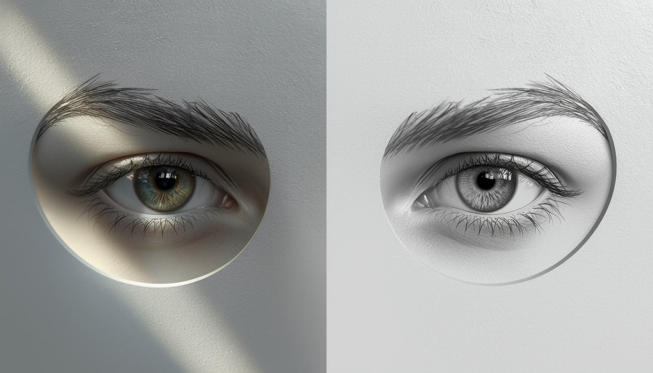 Two eyes, one green and one gray, peering through circular cutouts on a gray background.