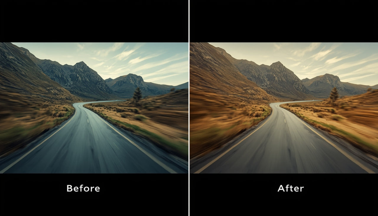 Before and after comparison of a mountain road scene with enhanced colors.