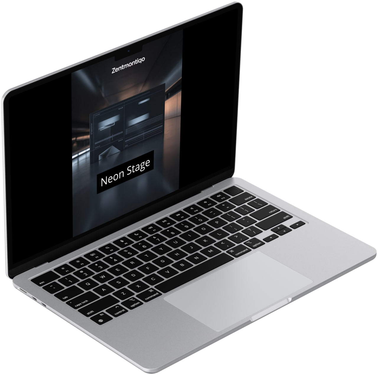 Laptop with a black screen displaying 'Neon Stage' on a white background