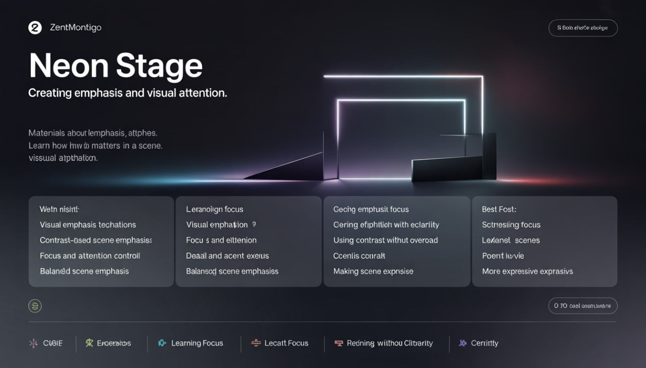 ZentMontigo Neon Stage software interface with text and visual elements on a dark background