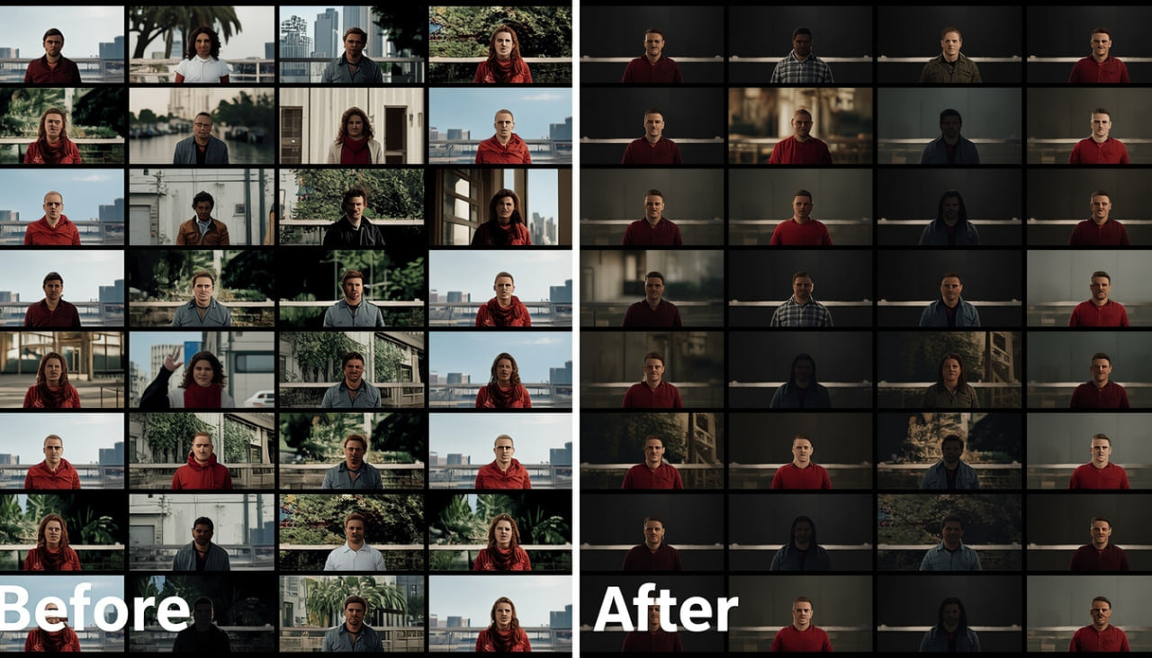 Before and after comparison of a video editing process showing multiple frames of a person in different settings.