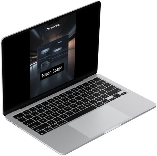 Laptop with a black screen displaying 'Neon Stage' on a white background
