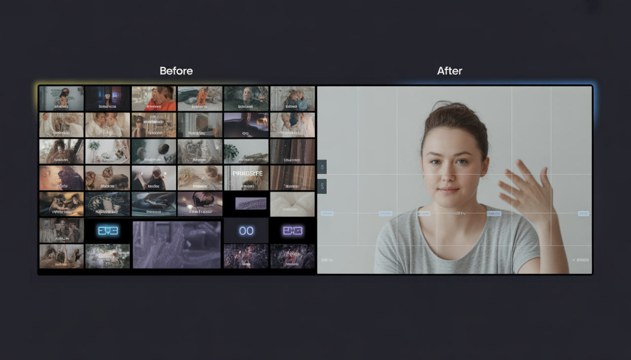 Before and after comparison of video content on a screen with a person in the center.