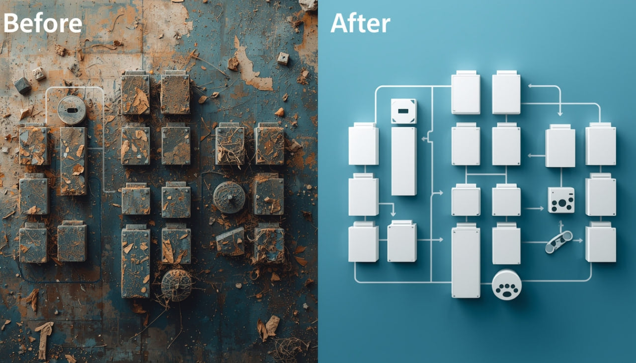 Comparison of a rusted metal keypad before and its digital representation after on a blue background.