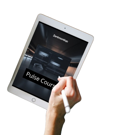 Hand holding a tablet displaying Zentmontiqo's Pulse Course on a white background