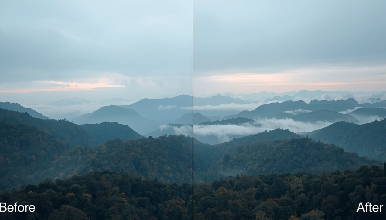 Side-by-side comparison of a mountain landscape labeled 'Before' and 'After'.