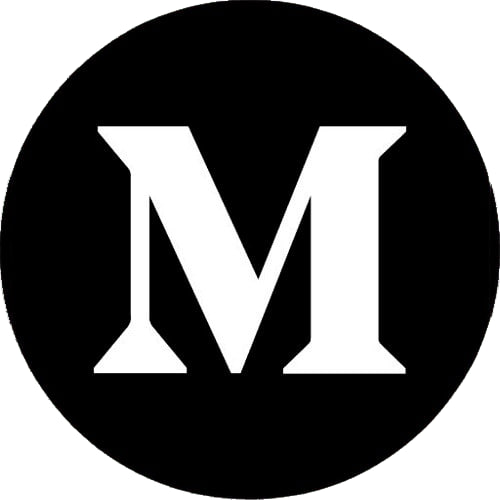 Black circle with a white 'M' in the center