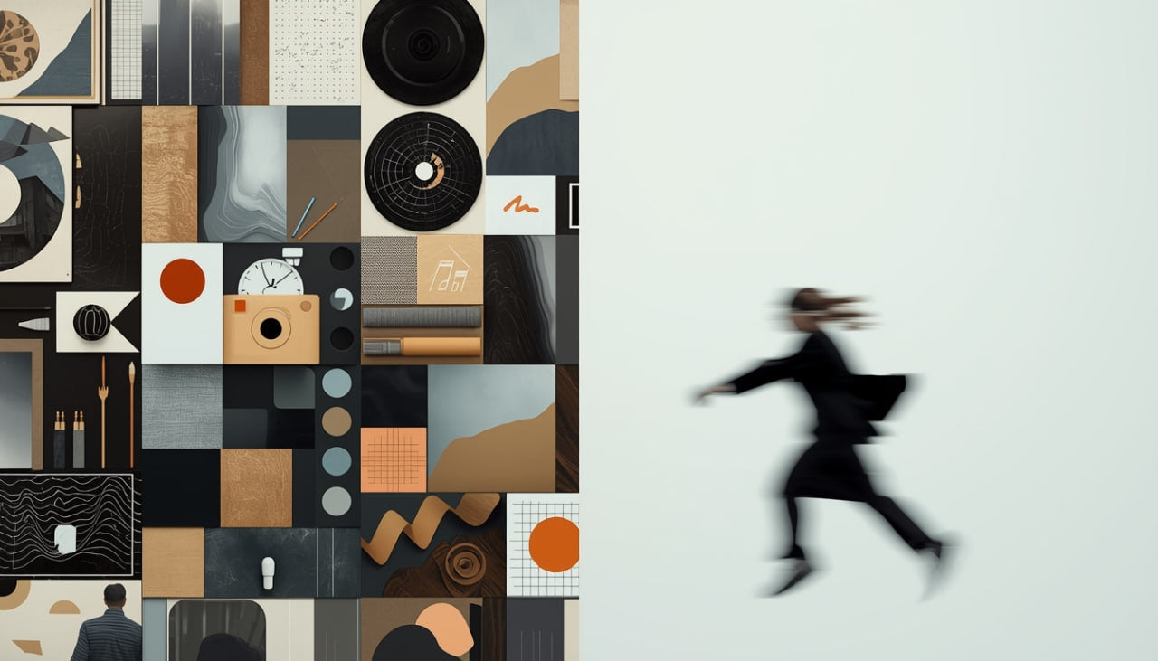 Collage of abstract shapes and patterns with a blurred figure running on a white background