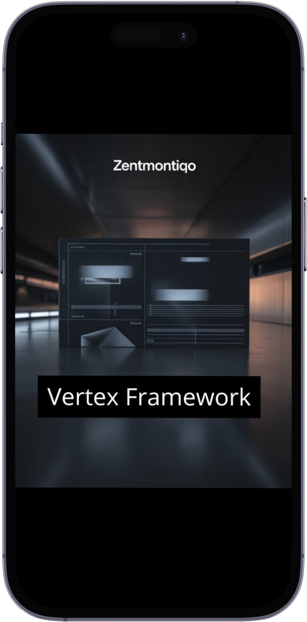 Phone screen displaying Zentmontiqo's Vertex Framework with a modern interior background.